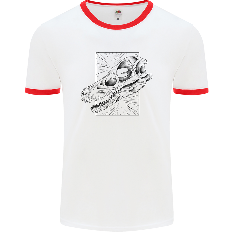 Velociraptor Skull Dinosaurs Palaeontology Mens Ringer T-Shirt White/Red