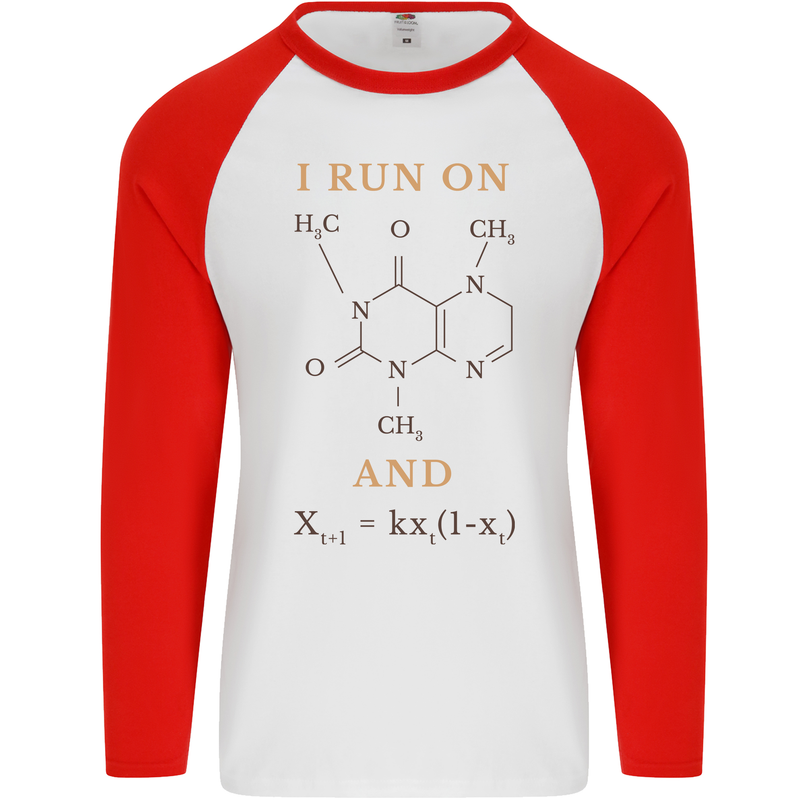 Coffee I Run On Caffeine and Chaos Funny Mens L/S Baseball T-Shirt White/Red