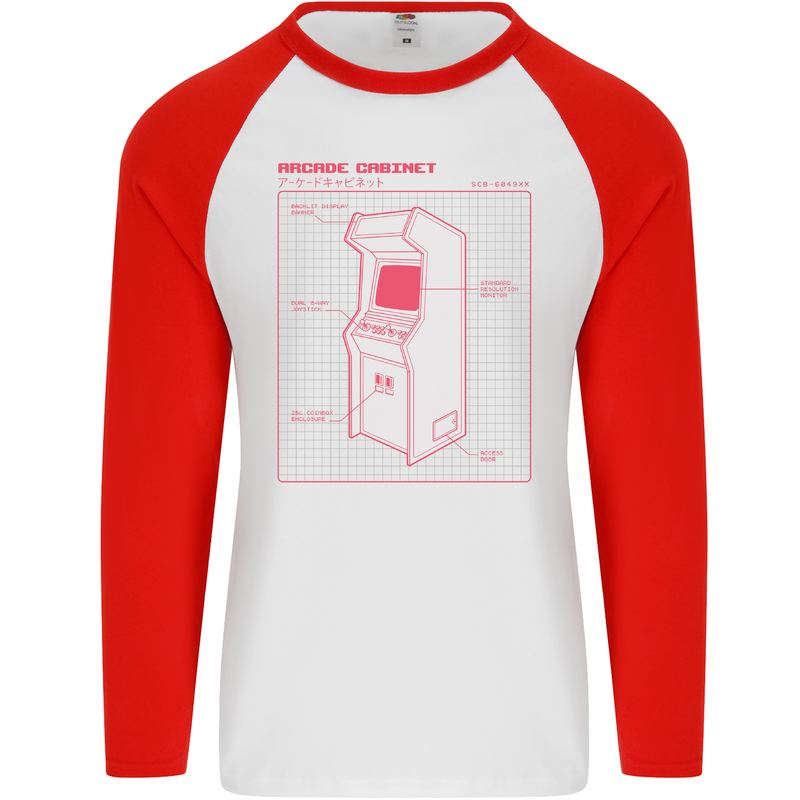 Retro Arcade Game Cabinet Gaming Gamer Mens L/S Baseball T-Shirt White/Red