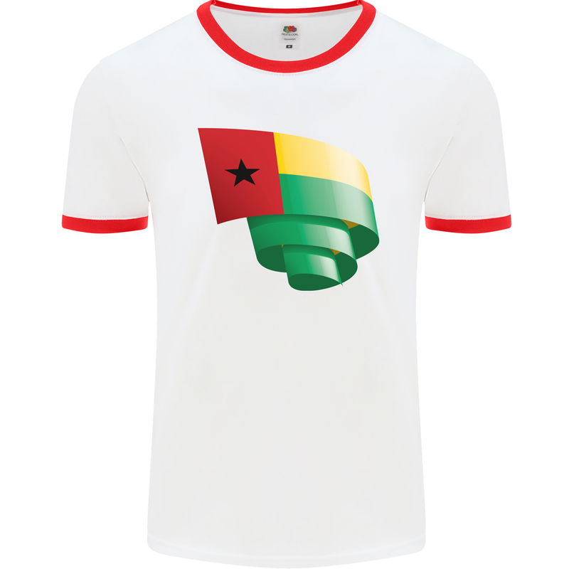 Curled Guinea-Bissau Flag Day Football Mens Ringer T-Shirt White/Red