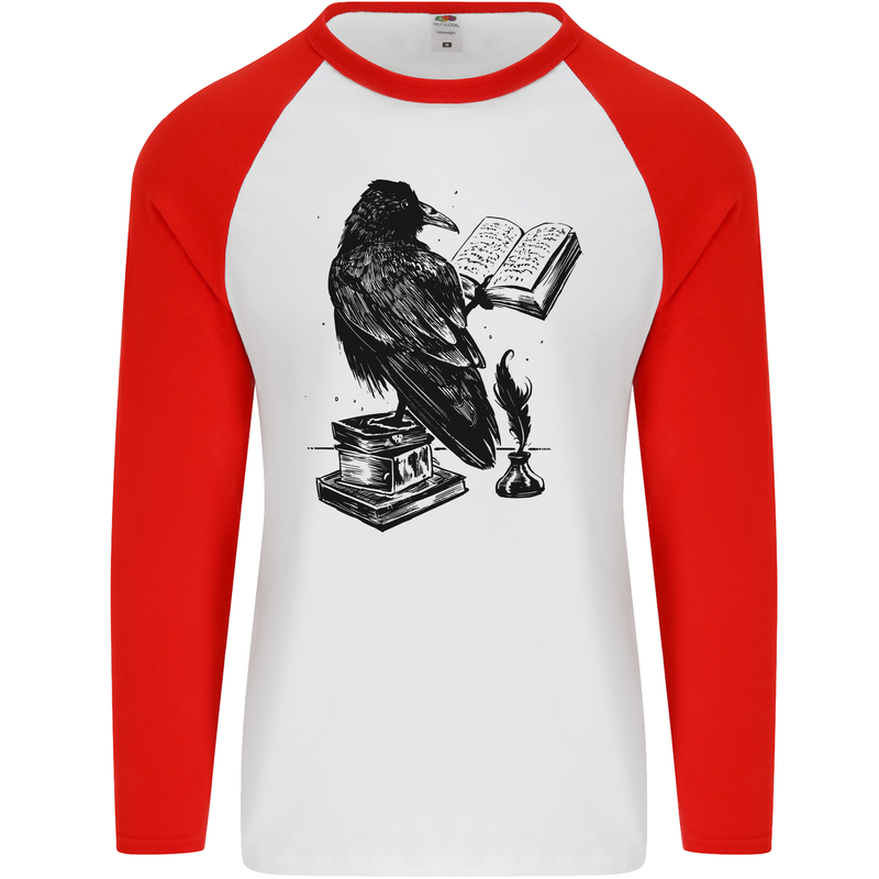 A Raven Reading a Book Literature Mens L/S Baseball T-Shirt White/Red