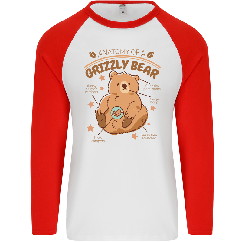 Anatomy of a Grizzly Bear Mens L/S Baseball T-Shirt White/Red
