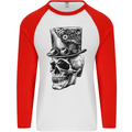 Steampunk Skull With Top Hat Mens L/S Baseball T-Shirt White/Red