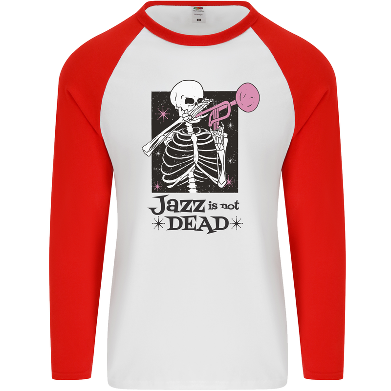 Jazz is Not Dead Skeleton Mens L/S Baseball T-Shirt White/Red