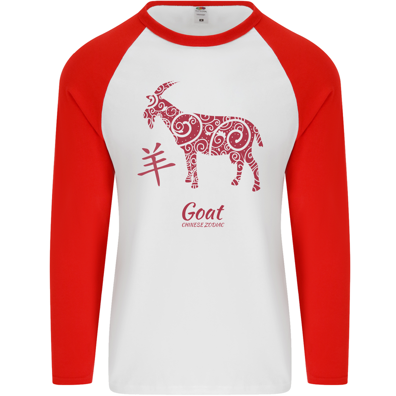 Chinese Zodiac Shengxiao Year of the Goat Mens L/S Baseball T-Shirt White/Red