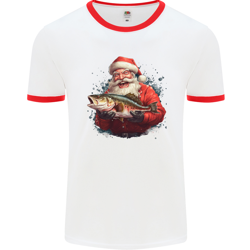 Fishing Santa Claus Fisherman Christmas Mens Ringer T-Shirt White/Red