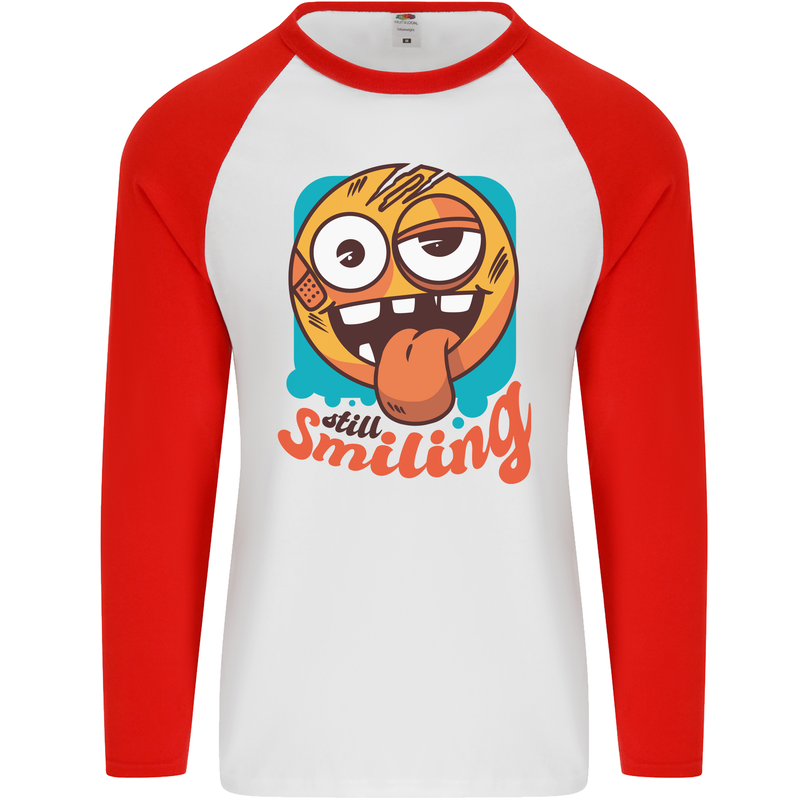 Still Smiling Funny Emoji Exhausted Tired Mens L/S Baseball T-Shirt White/Red