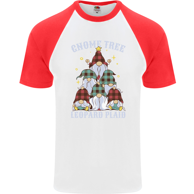 Christmas Gnome Tree Funny Xmas Plaid Tartan Mens S/S Baseball T-Shirt White/Red