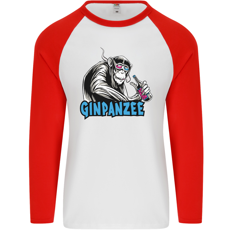 Ginpanzee Funny Gin Drinker Monkey Alcohol Mens L/S Baseball T-Shirt White/Red