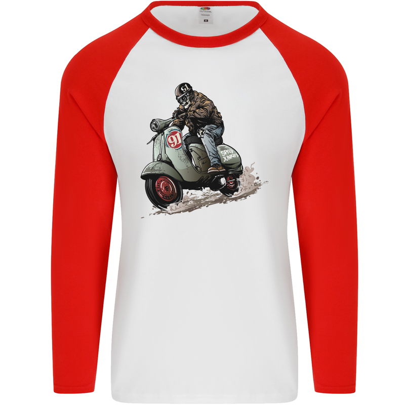 Scooter Skull MOD Moped Motorcycle Biker Mens L/S Baseball T-Shirt White/Red