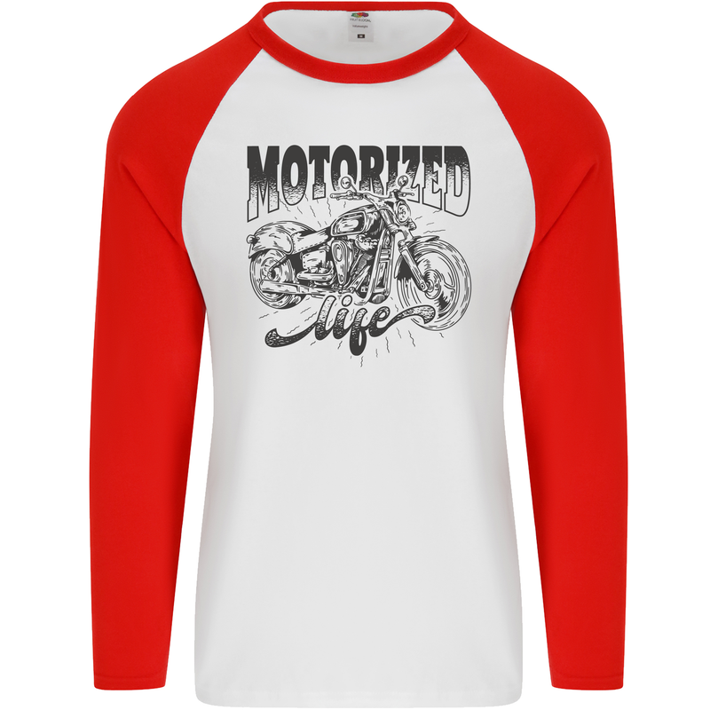 Motorized Life Biker Motorbike Motorcycle Mens L/S Baseball T-Shirt White/Red