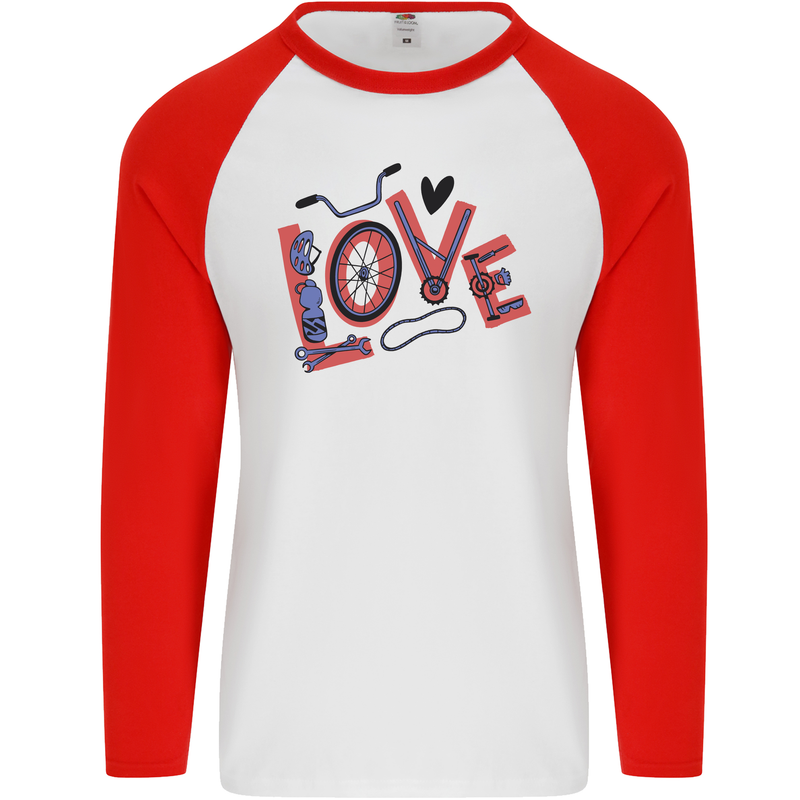 Love Cycling Funny Bicycle Bike Mens L/S Baseball T-Shirt White/Red