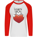 A Cute Cat With a Heart Love Valentines Day Mens L/S Baseball T-Shirt White/Red
