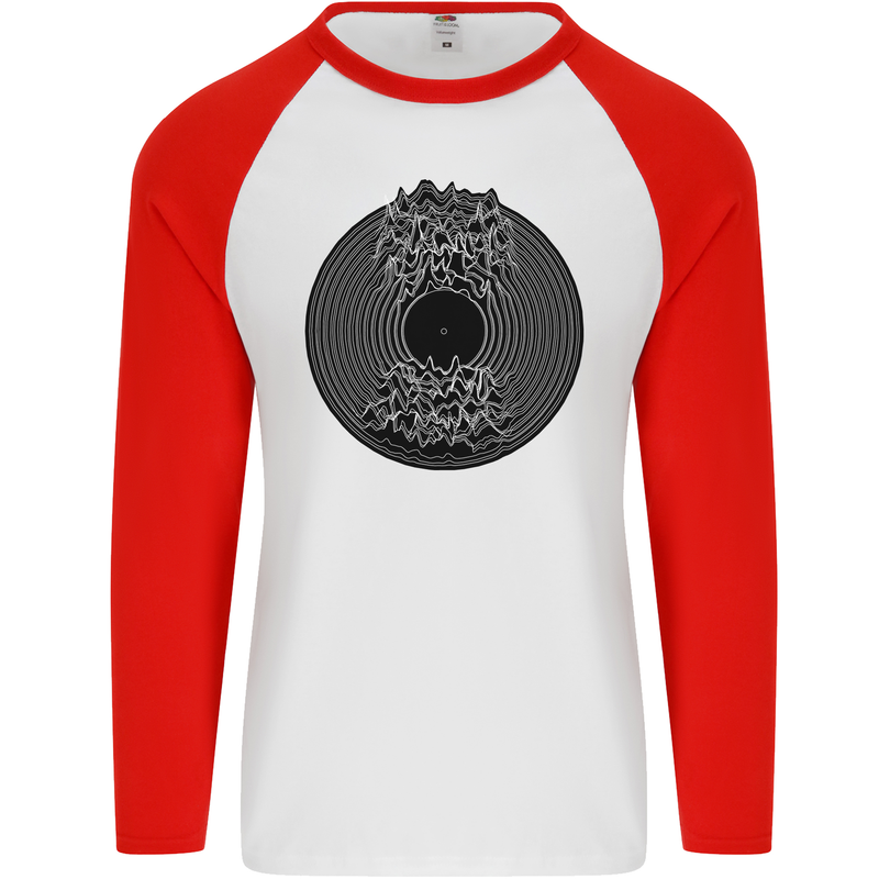 Vinyl Music Sound Waves Turntable Decks DJ Mens L/S Baseball T-Shirt White/Red