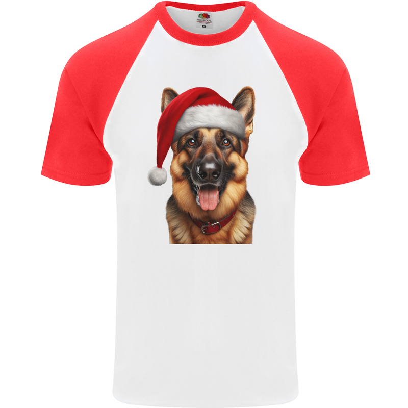 Christmas German Shepherd Xmas Dog Alsatian Mens S/S Baseball T-Shirt White/Red