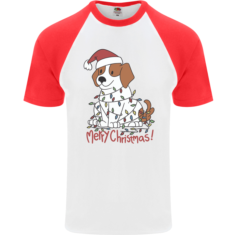 Christmas Beagle Funny Dog Xmas Mens S/S Baseball T-Shirt White/Red