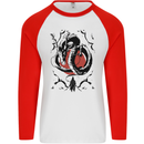 Samurai Warrior Dragon & Sun Fantasy MMA Mens L/S Baseball T-Shirt White/Red
