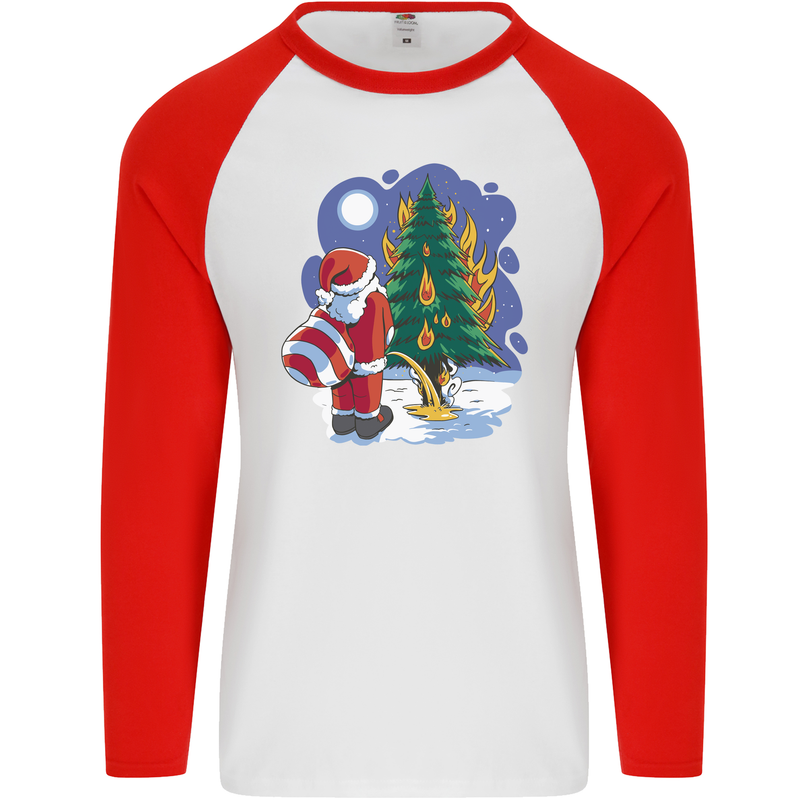 Santa Peeing on a Christmas Tree Xmas Funny Mens L/S Baseball T-Shirt White/Red