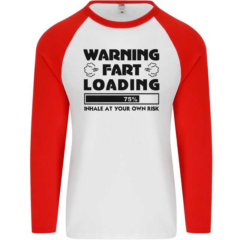 Warning Fart Loading Funny Farting Rude Mens L/S Baseball T-Shirt White/Red