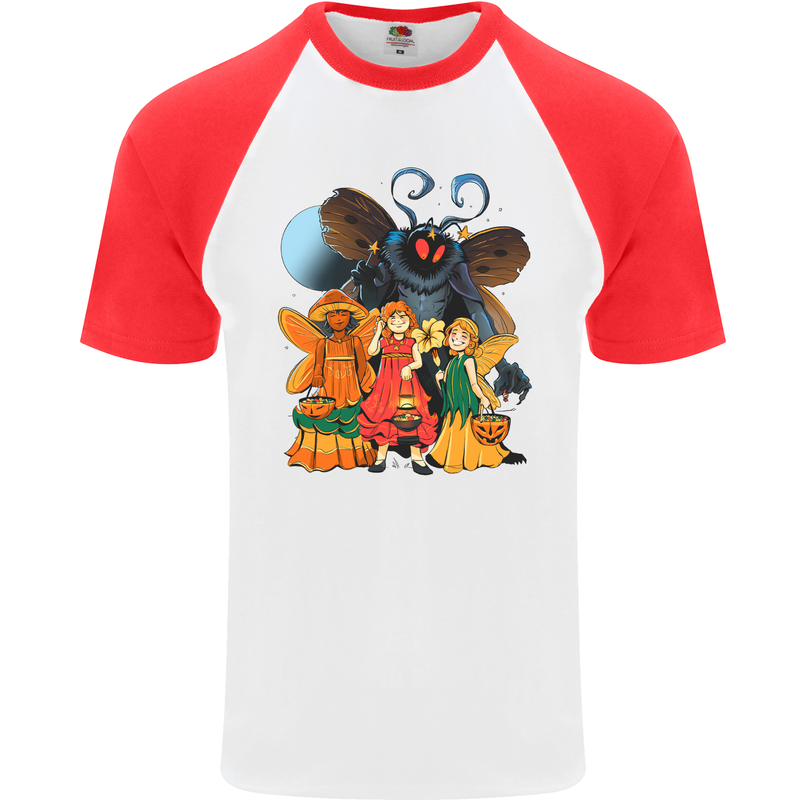 Mothman With Fairies Mens S/S Baseball T-Shirt White/Red