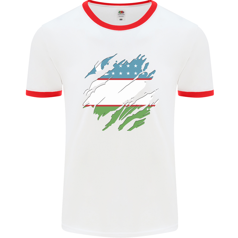 Torn Uzbekistan Flag Ukbek Day Football Mens Ringer T-Shirt White/Red