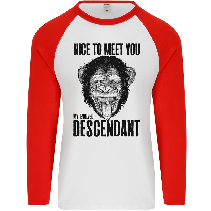 Chimp Evolved Dessendant Funny Monkey Ape Mens L/S Baseball T-Shirt White/Red