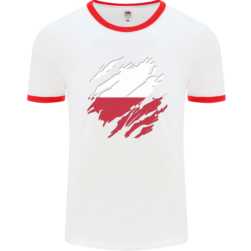 Torn Poland Flag Polish Day Football Mens Ringer T-Shirt White/Red