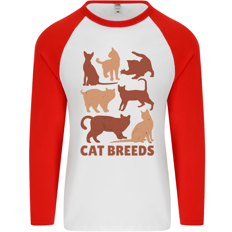 Cat Breeds Mens L/S Baseball T-Shirt White/Red