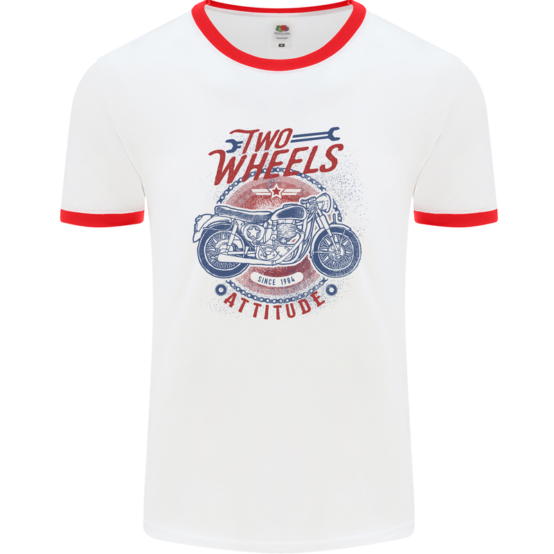 Two Wheels Attitude Motorcycle Biker Motorbike Mens Ringer T-Shirt White/Red