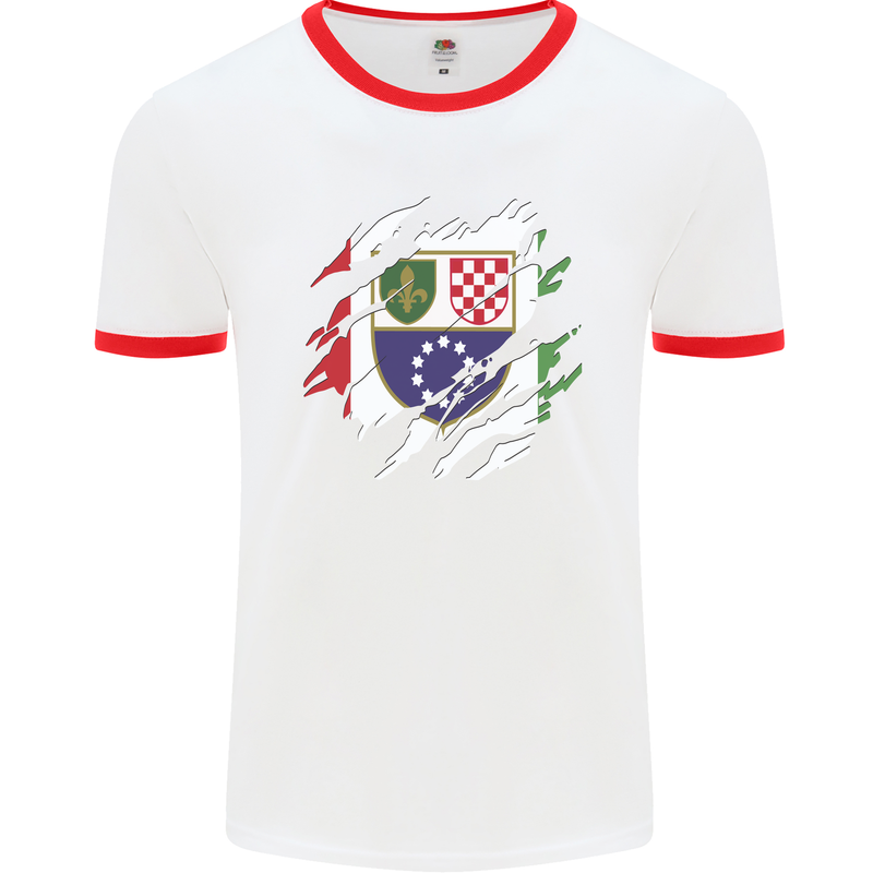 Torn Bosnia and Herzegovina Flag Day Football Mens Ringer T-Shirt White/Red