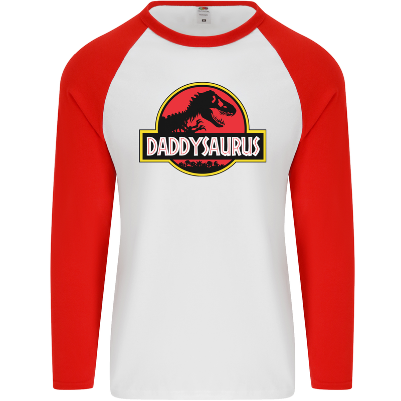 Daddysaurus Funny Father's Day Daddy Mens L/S Baseball T-Shirt White/Red