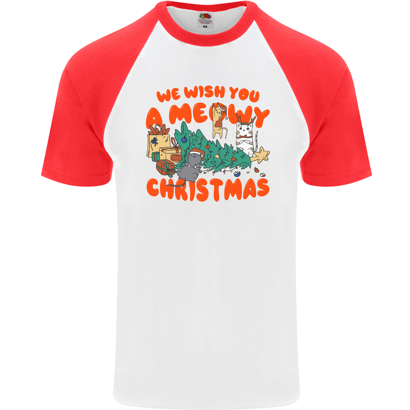 Christmas Cat Meowy Funny Christmas Tree Chaos Mens S/S Baseball T-Shirt White/Red