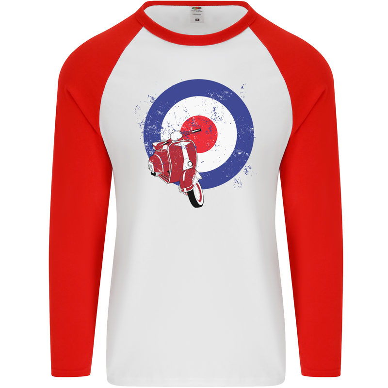 MOD Scooter Motorcycle Motorbike Mens L/S Baseball T-Shirt White/Red