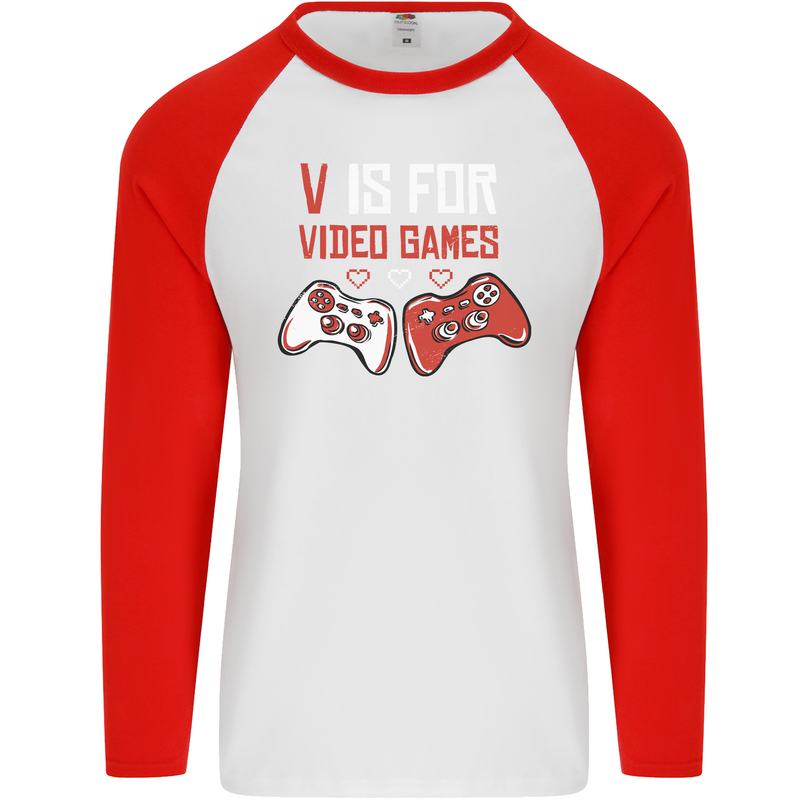 V is For Video Games Funny Gaming Gamer Mens L/S Baseball T-Shirt White/Red