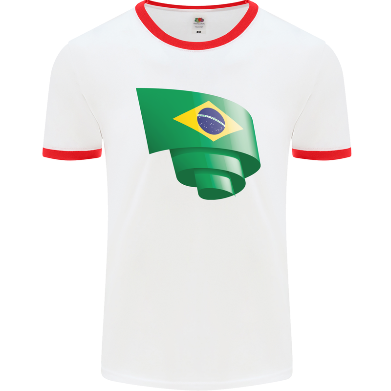 Curled Brazil Flag Brazilian Day Football Mens Ringer T-Shirt White/Red
