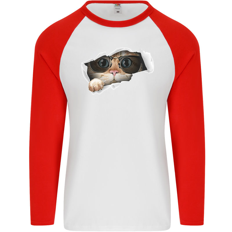 A Funny Cat Peeking From a Ripped Top Mens L/S Baseball T-Shirt White/Red