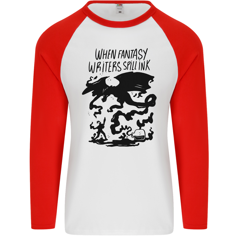 Fantasy Writer Author Novelist Dragons Mens L/S Baseball T-Shirt White/Red