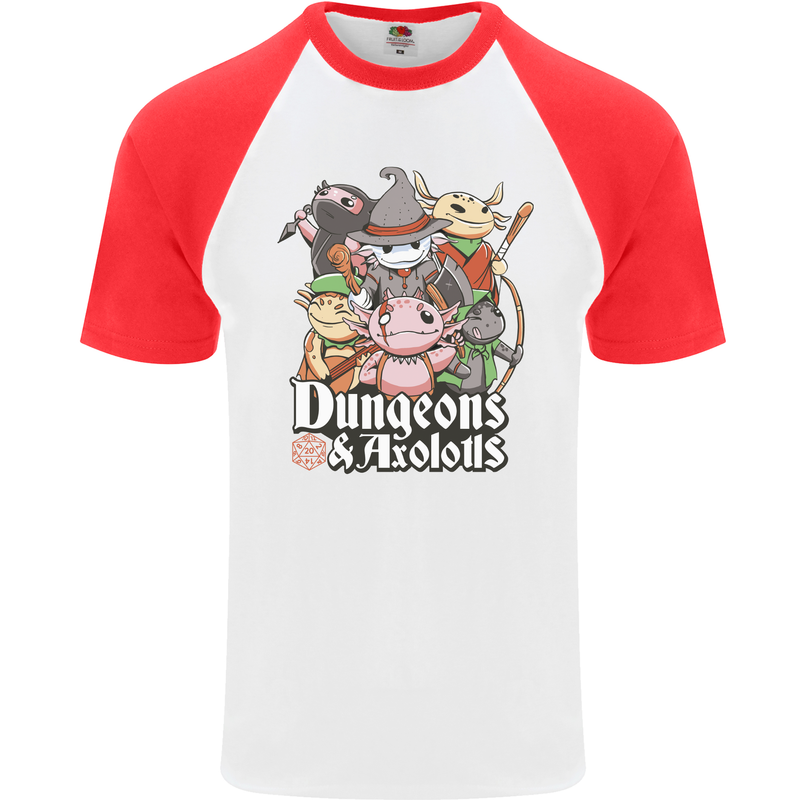 Dungeons & Axolotl Role Play Games RPG Mens S/S Baseball T-Shirt White/Red