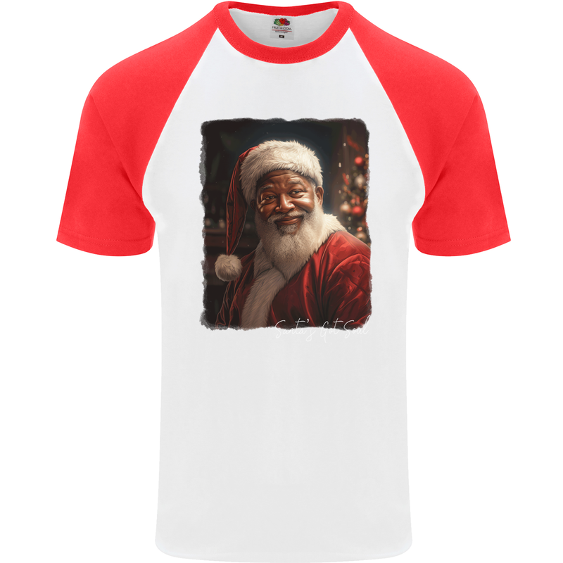 Black Santa's Got Soul Christmas Xmas Mens S/S Baseball T-Shirt White/Red