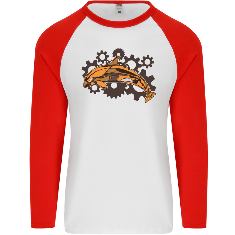 A Steampunk Dolphin Mens L/S Baseball T-Shirt White/Red