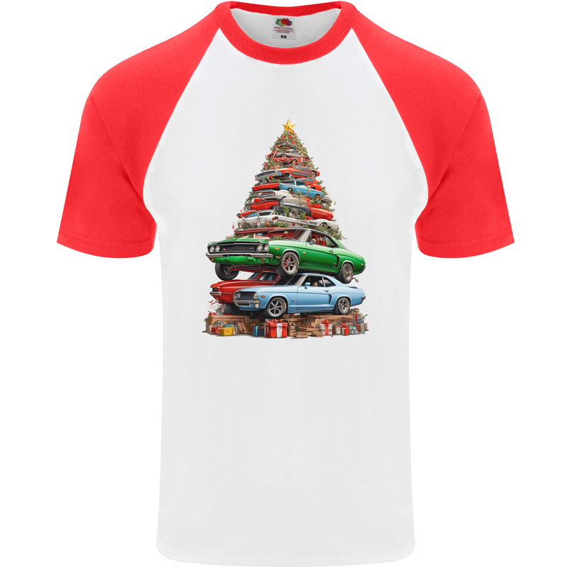 Muscle Car Christmas Tree Xmas Classic Mens S/S Baseball T-Shirt White/Red