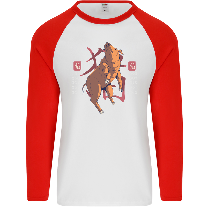 Chinese Zodiac Shengxiao Year of the Pig Mens L/S Baseball T-Shirt White/Red