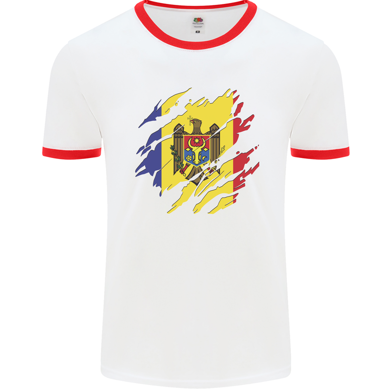 Torn Moldova Flag Moldovan Day Football Mens Ringer T-Shirt White/Red