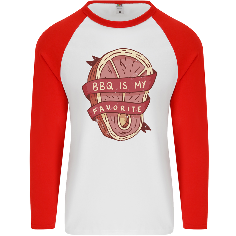 BBQ is My Favourite Funny Steak Grill Braai Mens L/S Baseball T-Shirt White/Red