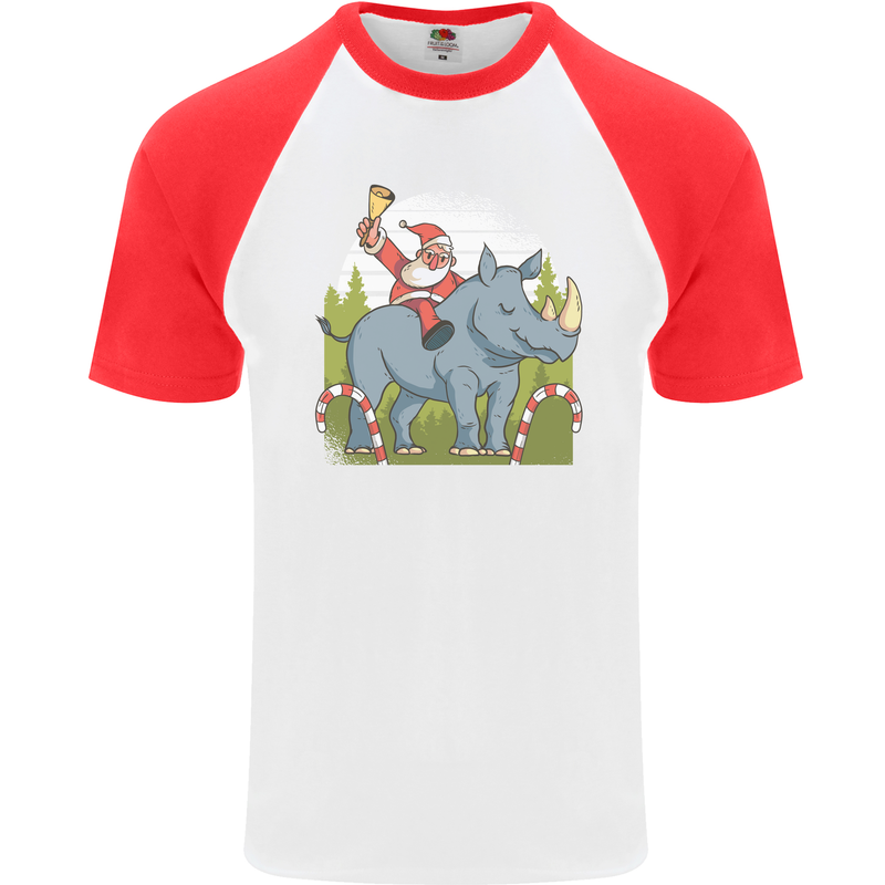 A Christmas Rhino With Santa Xmas Mens S/S Baseball T-Shirt White/Red