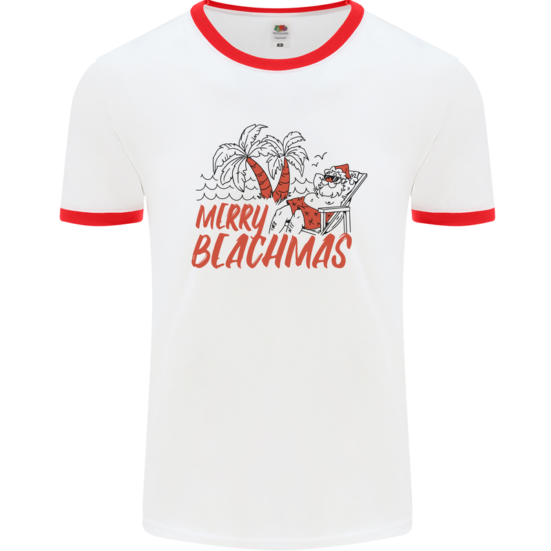 Merry Beachmas Funny Summer Santa Claus Mens Ringer T-Shirt White/Red