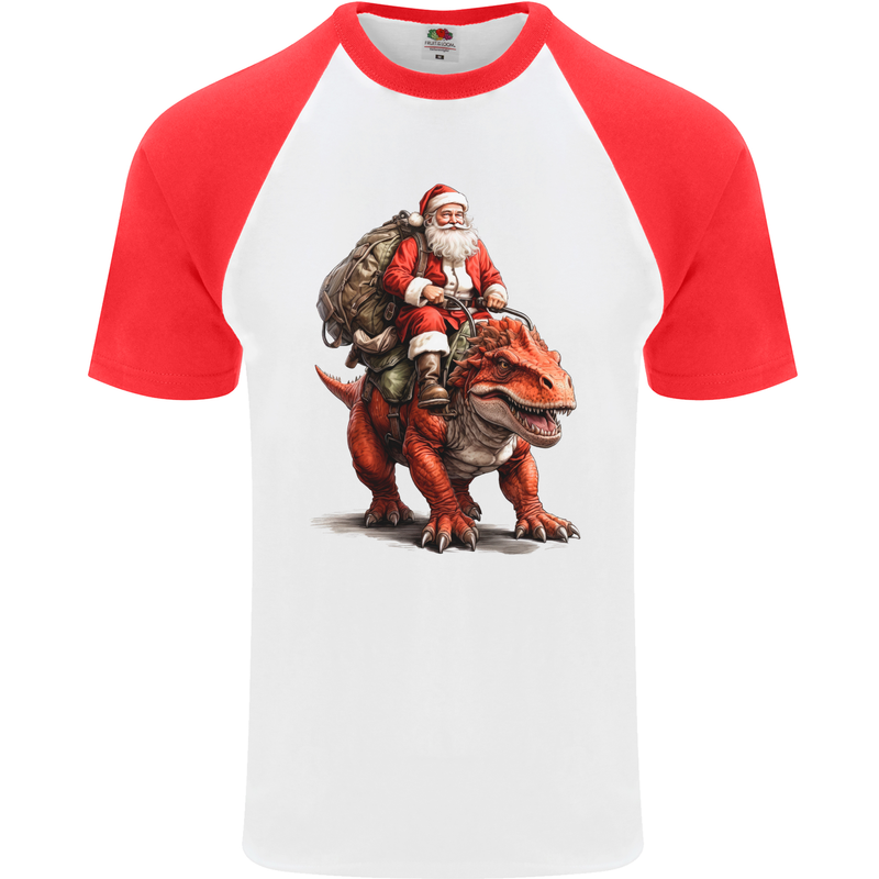 Christmas Santa Riding a Dinosaur Xmas Mens S/S Baseball T-Shirt White/Red