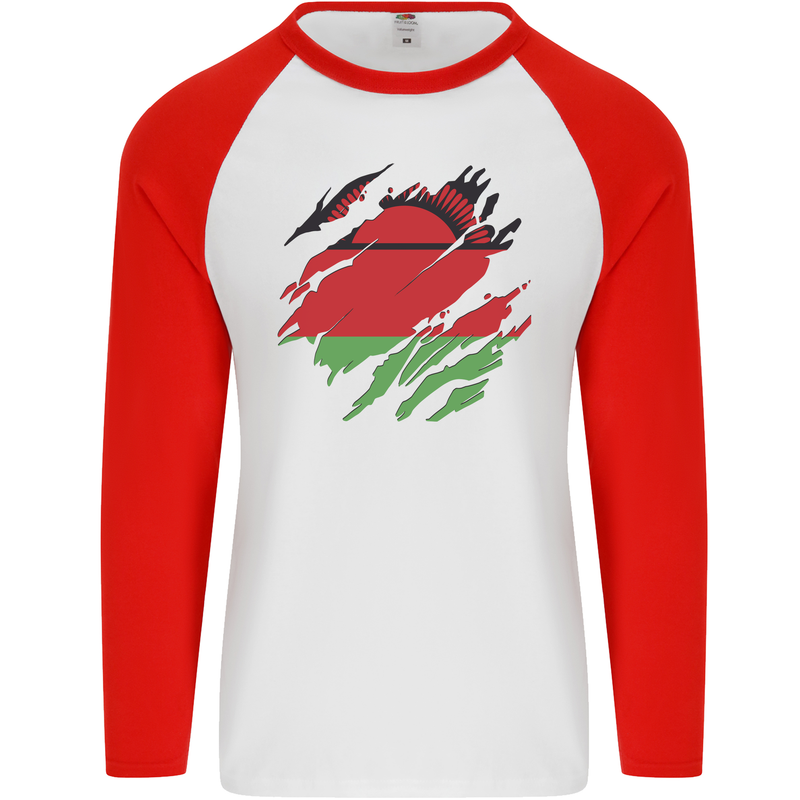 Torn Malawi Flag Malawian Day Football Mens L/S Baseball T-Shirt White/Red