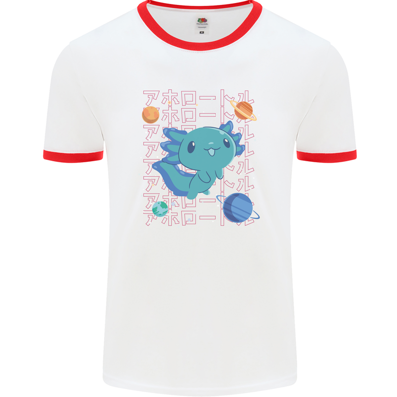 Kawaii Axolotl in Space Mens Ringer T-Shirt White/Red