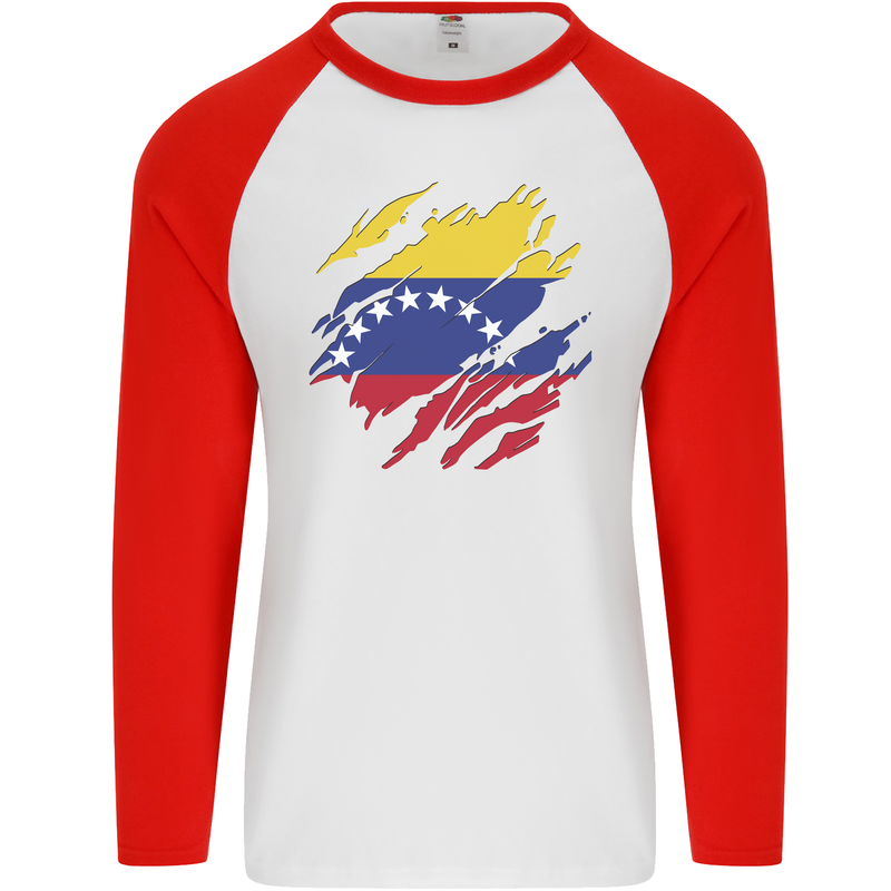 Torn Venezuela Flag Venezuelans Day Football Mens L/S Baseball T-Shirt White/Red